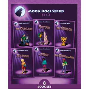Cover images of Phonic Books Moon Dogs Set 2 showing eight fully decodable readers for older catch-up students focused on consonant blends and digraphs