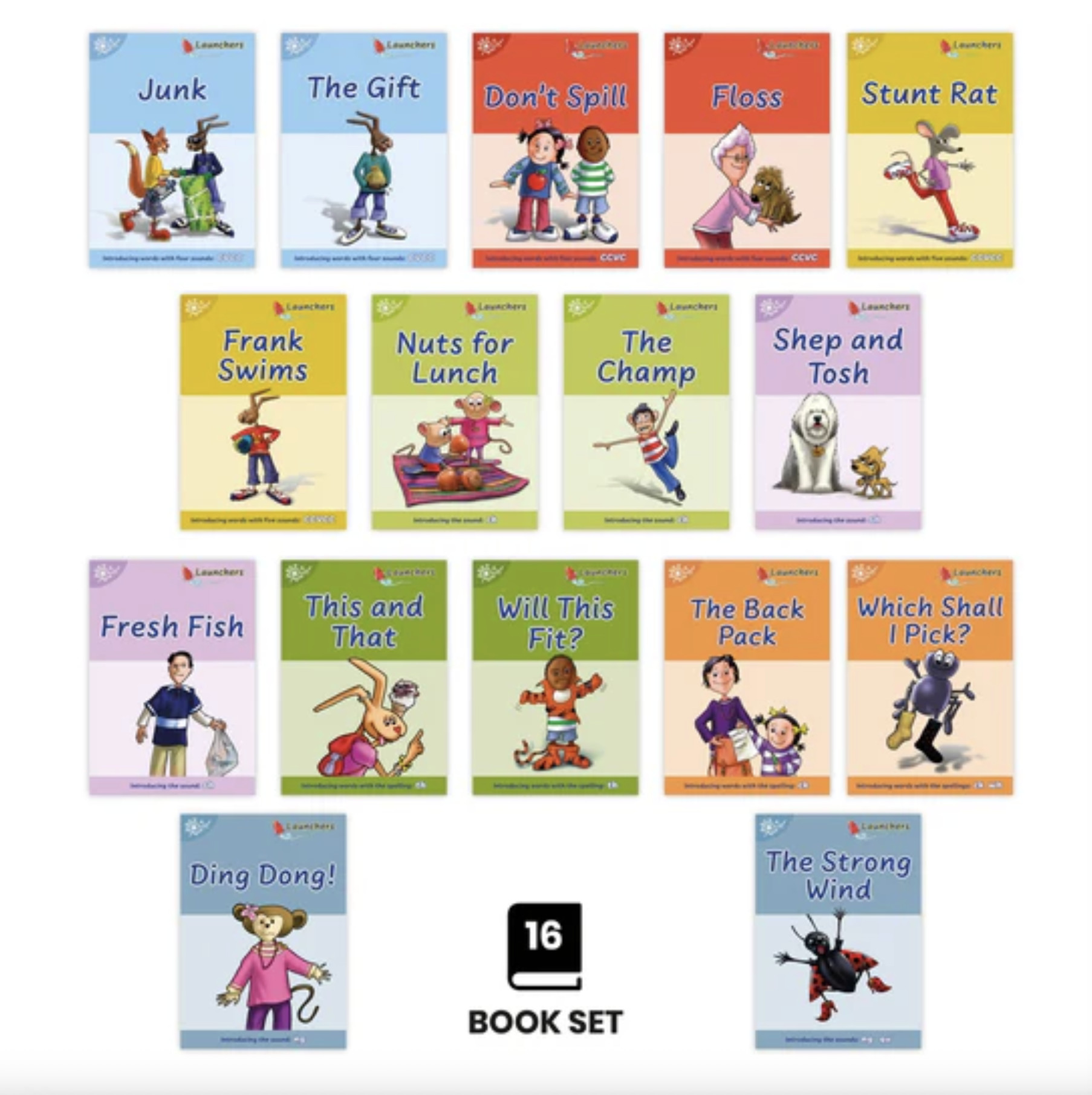 Phonic Books Dandelion Launchers Stages 8–15 decodable phonics readers shown as a complete 16-book set