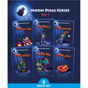 Cover images of Phonic Books Moon Dogs Set 1 showing eight decodable readers for older catch-up students focused on CVC words