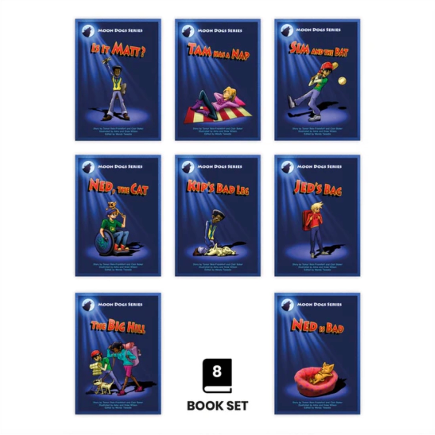 Phonic Books Moon Dogs Set 1 showing all eight decodable book covers for older catch-up students focused on CVC words