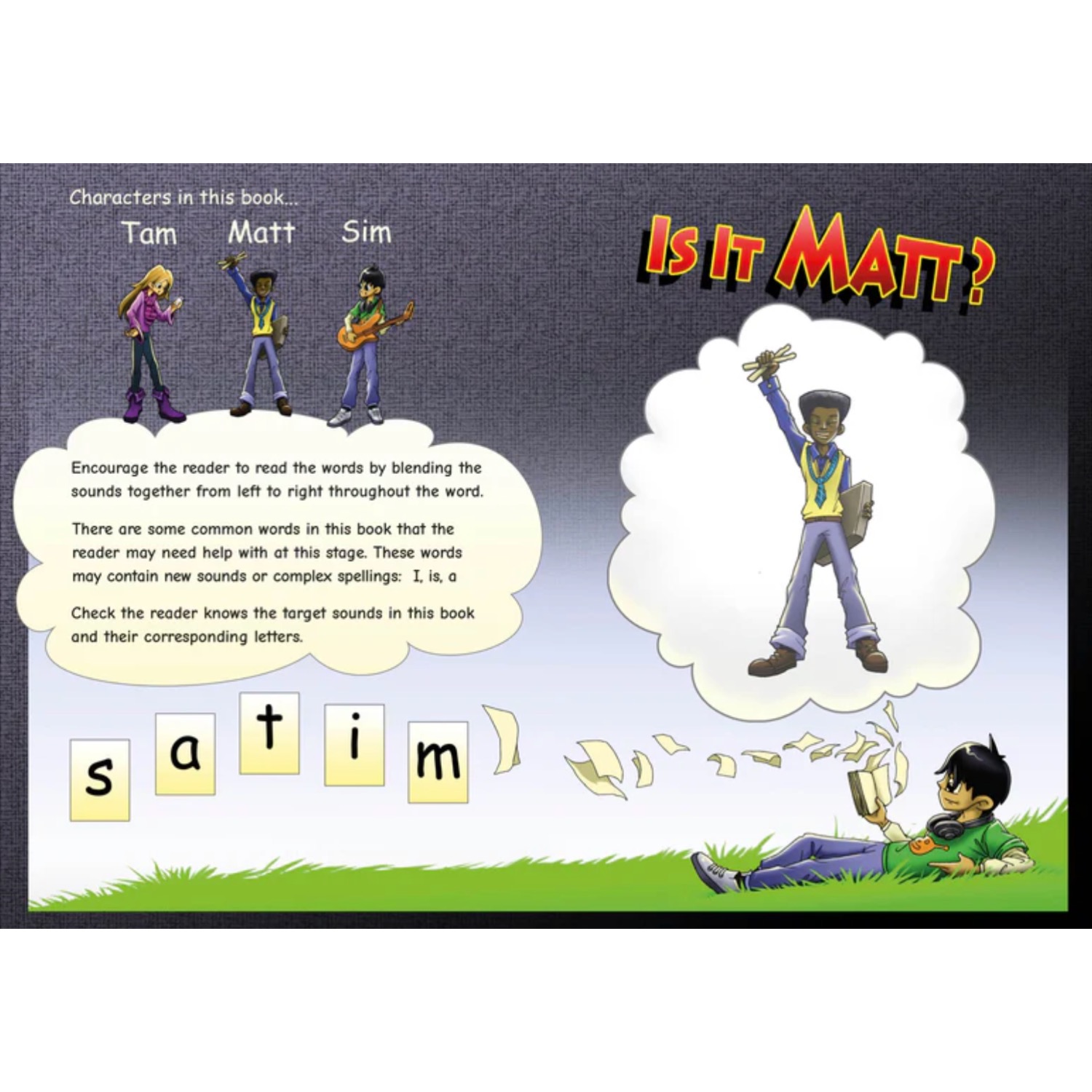 Inside page from Phonic Books Moon Dogs Set 1 showing CVC word building and phoneme manipulation to support early decoding for older readers