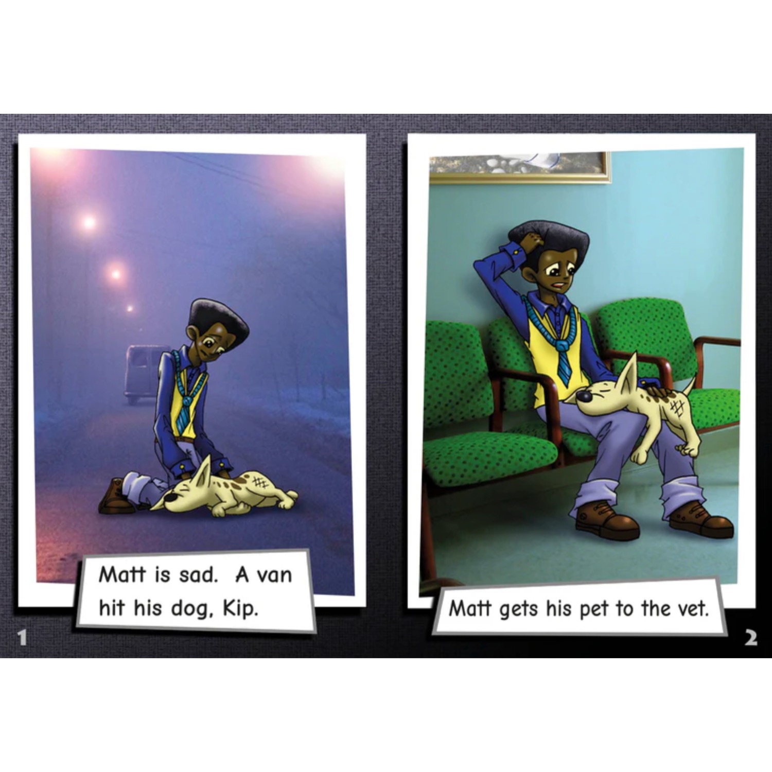 nside pages from Phonic Books Moon Dogs Set 1 showing short CVC sentences and age-appropriate illustrations that support early decoding for older readers