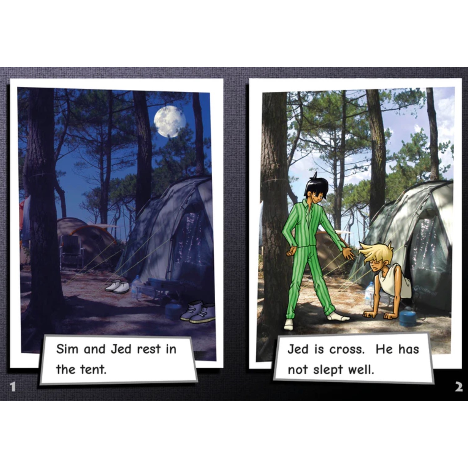 Inside pages from Phonic Books Moon Dogs Set 2 showing age-appropriate illustrations paired with controlled CVC decodable text for older readers