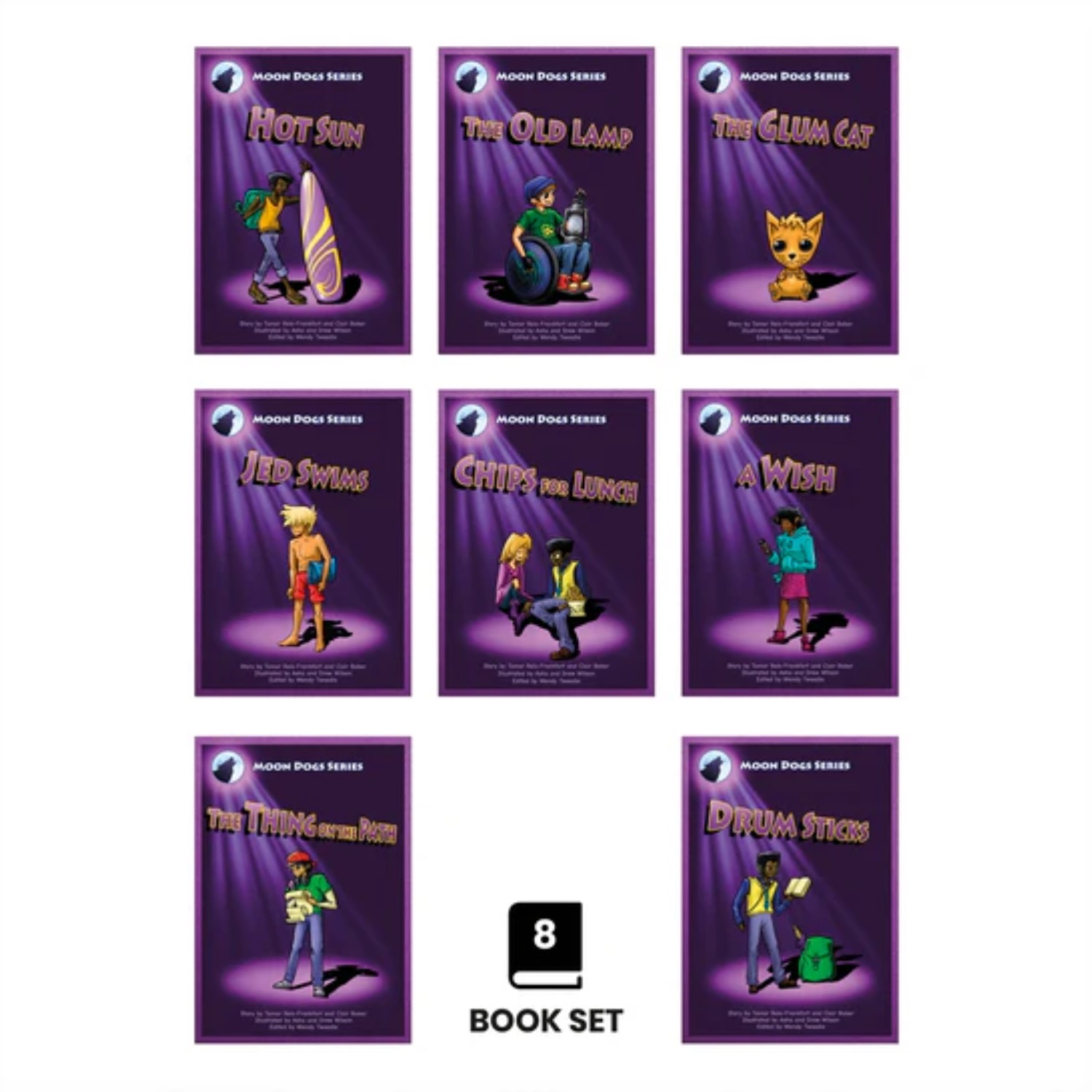 Phonic Books Moon Dogs Set 2 showing eight fully decodable readers for older catch-up students focused on CVC words