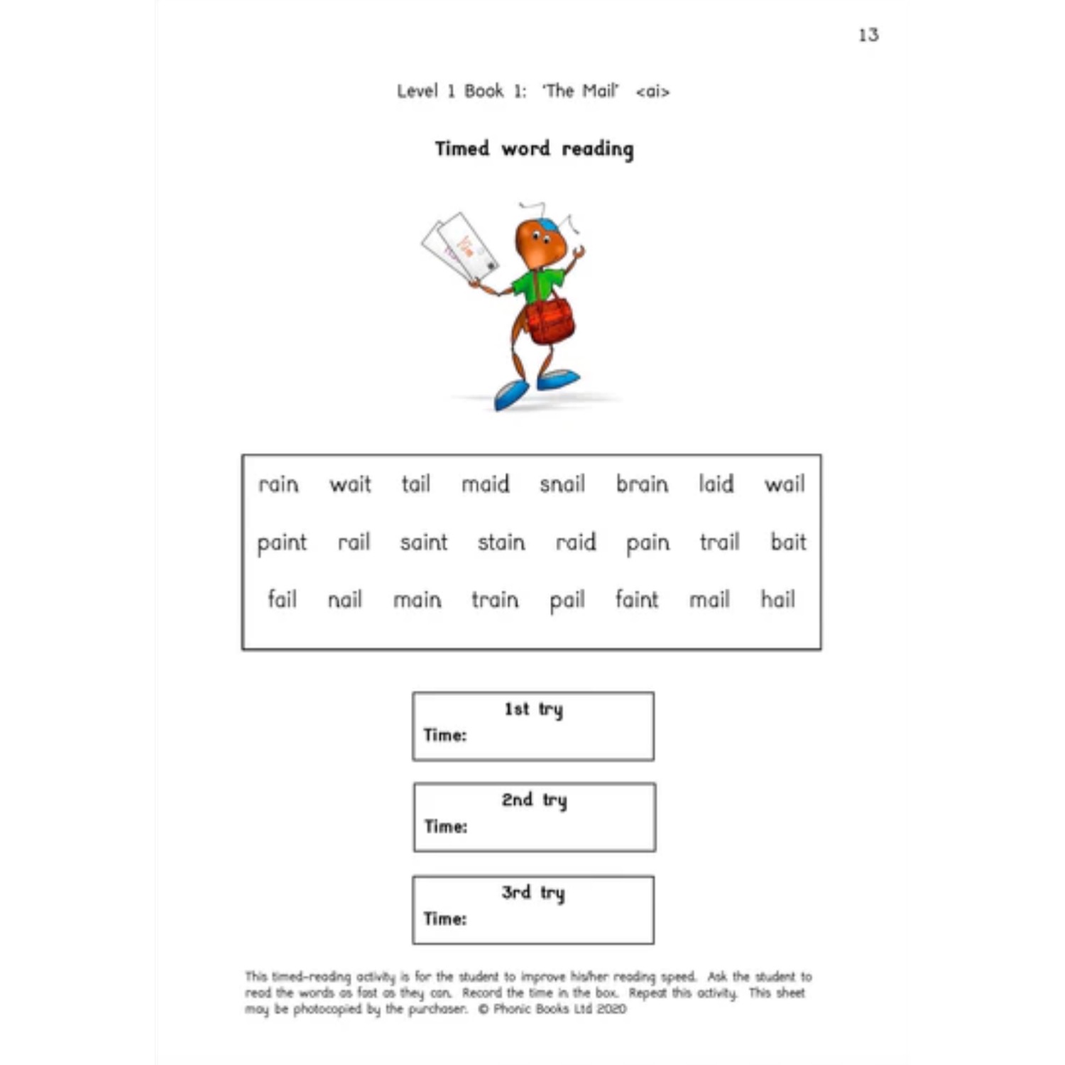 Timed word-reading fluency activity page from Dandelion Readers Vowel Spellings Level 1 Activities workbook