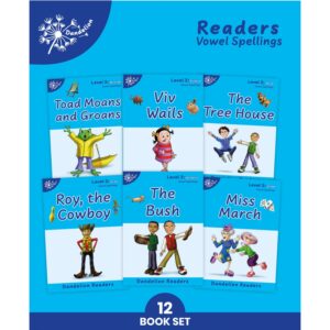 Dandelion Readers Vowel Spellings Level 2 decodable reader book set showing 12 fully decodable phonics books