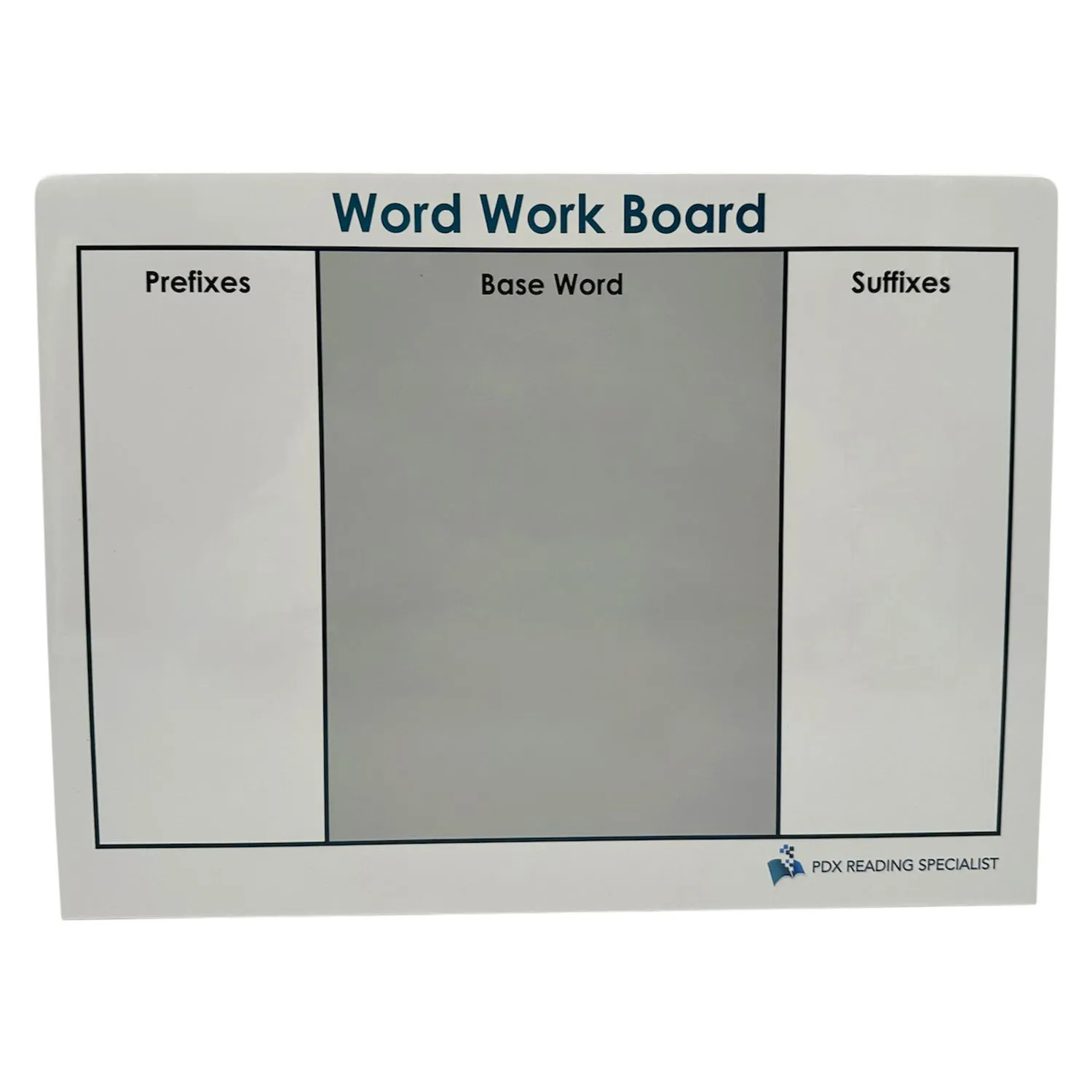Science of Reading word work board showing prefix, base word, and suffix sections for hands-on morphology, decoding, and word building practice.
