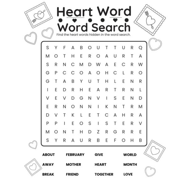 "Heart Word Search" Worksheet (Free Downloadable!)